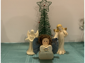 Lot Of Angels And Wire Christmas Tree- Tree Is  9 1/4 Inches Tall- One Of Angels Is A Bell