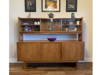 Teak Veneer Two Level Cabinet With Glass Sliding Doors And Two Lined Drawers, Finished On The Back Too