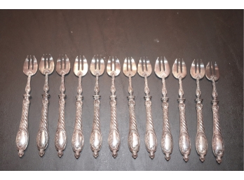 Set Of 12 Appetizer Forks With Ornate Detail And Sterling Silver Handles