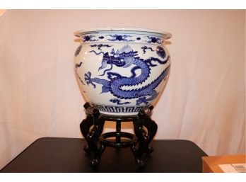 White And Blue Decorative Planter On Stand With Dragon