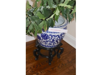 Blue And White Ceramic Planter With Faux Plant
