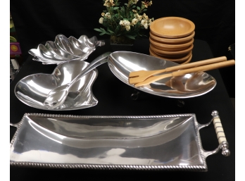 Lot Of Polished Metal Serving Pieces, Wooden Bowls And More