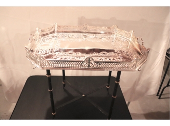 Ornate Silver Plate & Engraved Tray Table With Black Metal Stand