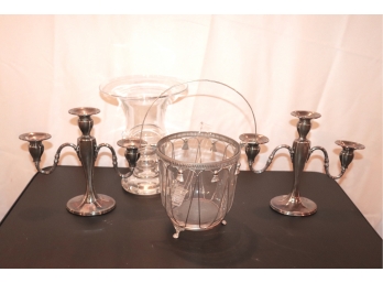 Gorham Silver-plate Candlesticks, Glasswork Vase & Ice Bucket