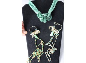Lively Costume Jewelry Includes Green Cord With Beads, Hoop Earrings And 2 Enamel Goldtone Chains