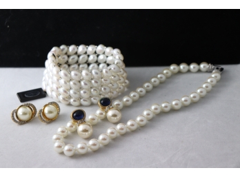 Faux Pearl Strtch Bracelet With Sterling Beads, 2 Pairs Of Costume Beatles Earrings And 16 Knotted Faux P