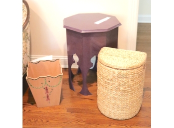 Purple Painted Octagonal Moorish Table, Wood Painted Waste Basket & Rattan Hamper