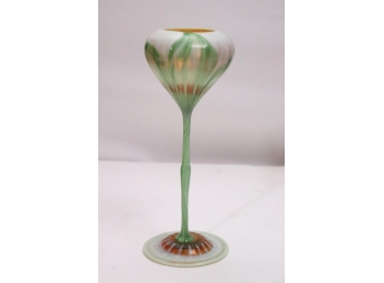 Beautiful Opalescent Art Glass Tulip Shaped Vase With Delicate Leaf Design & Gilt Interior, Signed & Numbered
