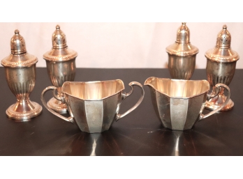Group Of Sterling Silver Federal Style Sugar And Creamer And 4 Salt And Pepper