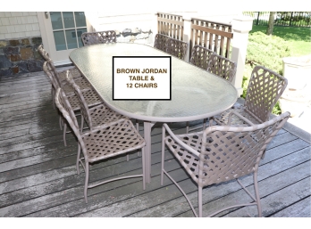 Brown Jordan Patio/Outdoor Dining Table With Umbrella, 12 Chairs & 2 Tier Cart