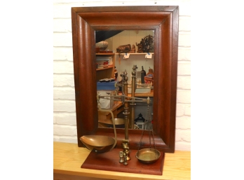 VINTAGE BRASS AGATE BALANCE CLASS B SCALE ON WOOD BASE WITH ASSORTED WEIGHTS & SOLID WOOD MIRROR