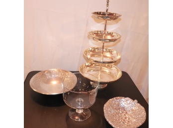 Group Of 4 Tier Plated Dessert Platter, Glass Trifle Dish, 2 Pewter Bowls