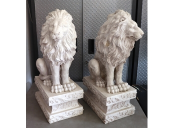 Pair Of Resin Lion Statues On Bases  Perfect For Your Entrance!