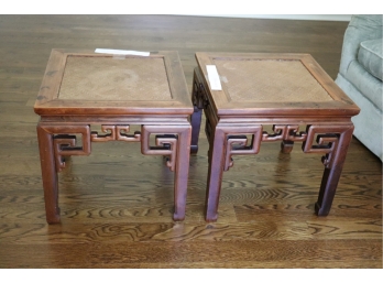 Pair Small Vintage Asian Teakwood Side Tables With Rattan Tops