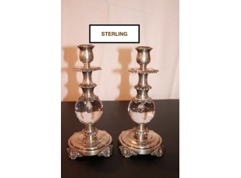 Sterling Candlesticks With Crystal Ornaments By Stirling Castle