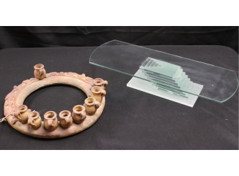 Vintage Clay Ring Menorah Or Wall Hanging Art With Contemporary Glass Centerpiece