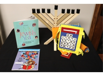 Modern Wooden Menorah And Early Religious Books