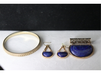Blue And Gold Tone Pendant With Matching Earrings Plus Gold Bangle Bracelet