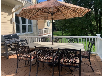 Quality Cast Aluminum Patio Set With Table, Umbrella, 8 Chairs, Matching Cushions