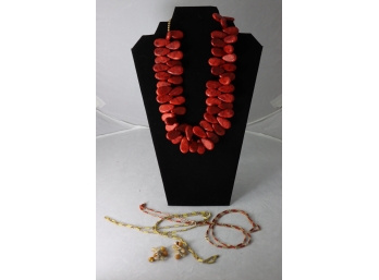 Big Chunky Orange Costume Necklace PLUS White Gold And Multicolor Beaded Earrings And Two Enamel Chains