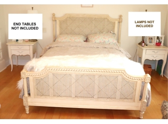 Queen Size White Washed Diamond Pattern Cane Bed Frame ( End Tables &  Lamps Not Included )