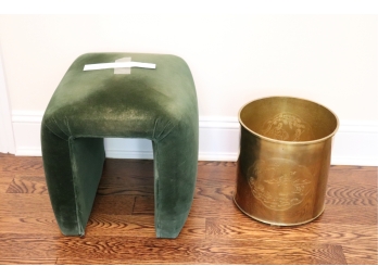 Contemporary Shaped Small Green Velvet Stool & Brass Asian Design Wastebasket