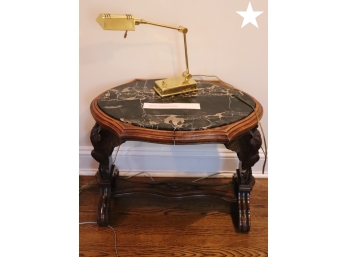 Antique Side Table With Carved Eagles And Marble Top & Small Brass Desk Lamp