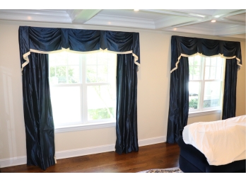 2 PAIRS Of Custom Silk, Lined And Interlined Deep Royal Blue Silk Drapes With White Trim