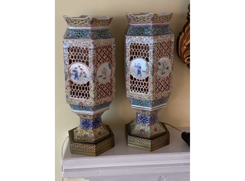 Pair Of Beautiful Antique Chinese Polychrome  Pierced And Detailed Lamps1800s