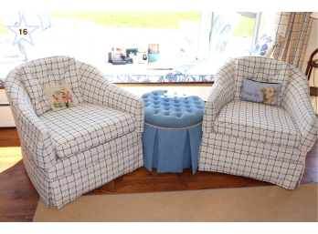 Pair Of Blue And White/Cream Swivel Chairs And Blue Hassock