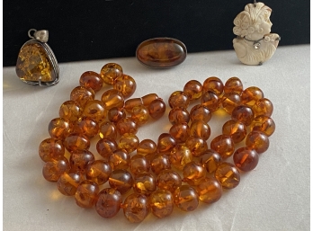 NEWLY ADDED! Nice Assortmentt Of Amber Necklace, Pendant And Pin PLUS Cameo Pin