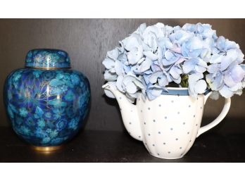 Ceramic Teapot With Faux Hydrangea & Cloisonné Urn