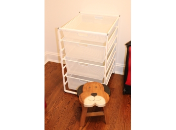 Metal Wire Shelf Utility Unit With Pull-out Drawers By ELFA &  And Child Stool With Doggie Design