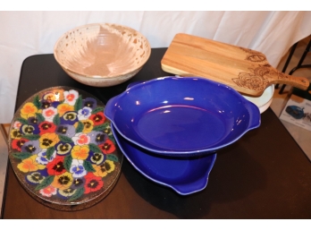 2 Blue Ceramic Cookware, Glass Tray, Ceramic Bowl, Enamel Dansk Cookware &  Chopping Board