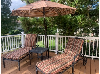 2 Quality Patio Lounge Chairs With Cushions, Matching Umbrella With Stand And Table For Your Drinks