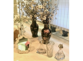 Pair Of Cristalli D'oggi Perfume Holders With Butterfly Top, Handpainted Vase And Other Decorative Items