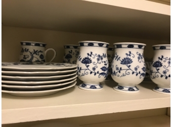 6 Blue And White Country China Dessert Plates With Matching Mugs!