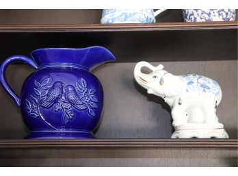 Royal Blue Pitcher With Bird Motif And Elephant