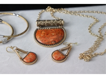 Pretty Orange And Goldtone Necklace And Earrings By Barges. Plus 2 Cable And Cv Bracelets.