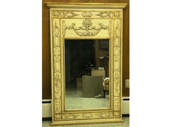 Antique Large French Style Trumeau Mirror Of Carved Wood With Gold Details