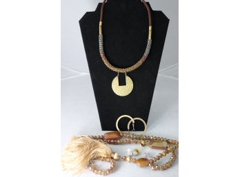 Pretty Bohemian Beaded Necklace With Gold Pendant By Nakamol Plus Earrings, And Another Necklace