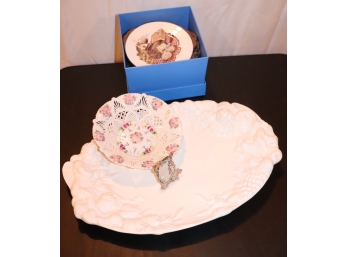 White Ceramic Platter, Small Frame, Ceramic Bowl &  6 Limoges Cheese Dishes In Original Box