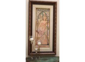 EVEIL DU MATIN BY MUCHA ART NOUVEAU STYLE PRINT 25 W X 50 H & WINE GLASS CANDLE HOLDERS