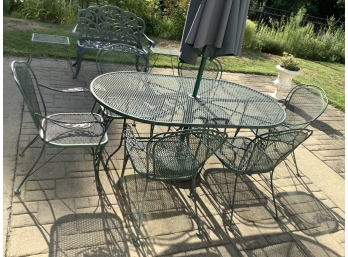 8 Piece Vintage Iron Patio Set Including Table With 6 Chairs And Umbrella