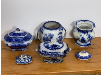 Grouping Of 6 Flow Blue Transferware Covered Dishes