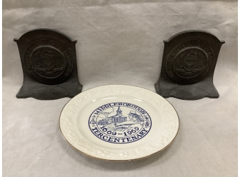Pair Of University Of New Hampshire Bronze Bookends And Middleborough Plate