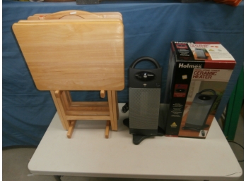 Set Of 4 Luncheon Tray Tables With Wood Rack And A Holmes Tower Ceramic Heater With Box