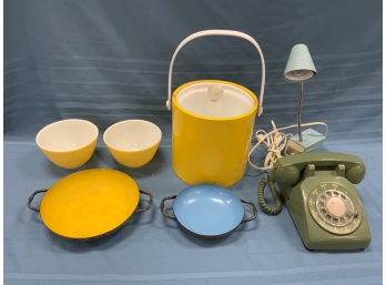 Vintage Collectibles Lot Including Dazor Lamp Rotary Phone Enameled Polish Pieces And Pyrex