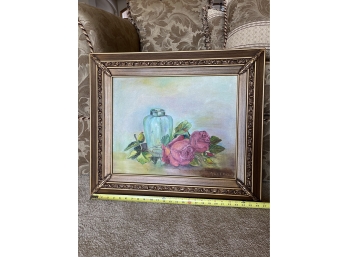 Original Painting Of Roses With Glass Vessel In Gold Frame Approx 26 Wide