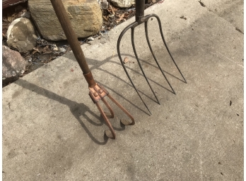 3-Tine Cultivator And Antique Pitchfork
